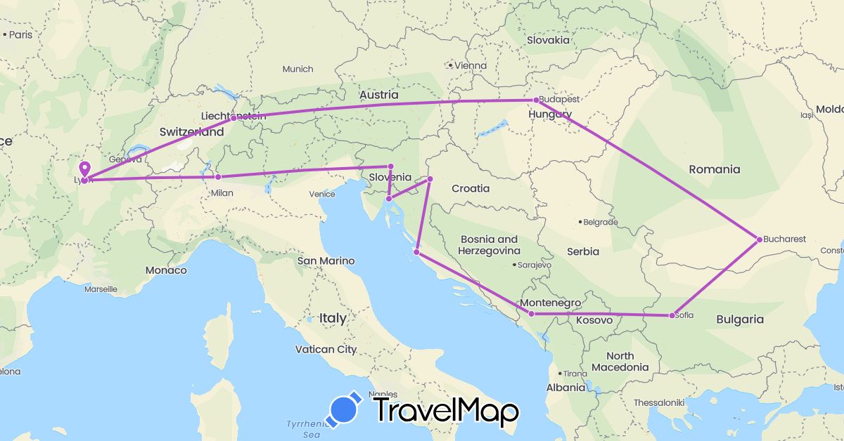TravelMap itinerary: driving, train in Bulgaria, France, Croatia, Hungary, Liechtenstein, Montenegro, Romania (Europe)